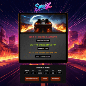 Doc Smith’s Time Circuits is a Back to the Future–inspired digital artwork with voices by Stuart Smudge, blending neon synthwave colors and cinematic nostalgia.