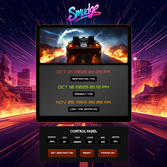 Doc Smith’s Time Circuits is a Back to the Future–inspired digital artwork with voices by Stuart Smudge, blending neon synthwave colors and cinematic nostalgia.